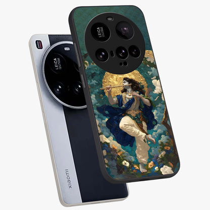 Divine Krishna Art Glass Case displayed in angled mockup highlighting spiritual Krishna illustration with devotional aesthetic.