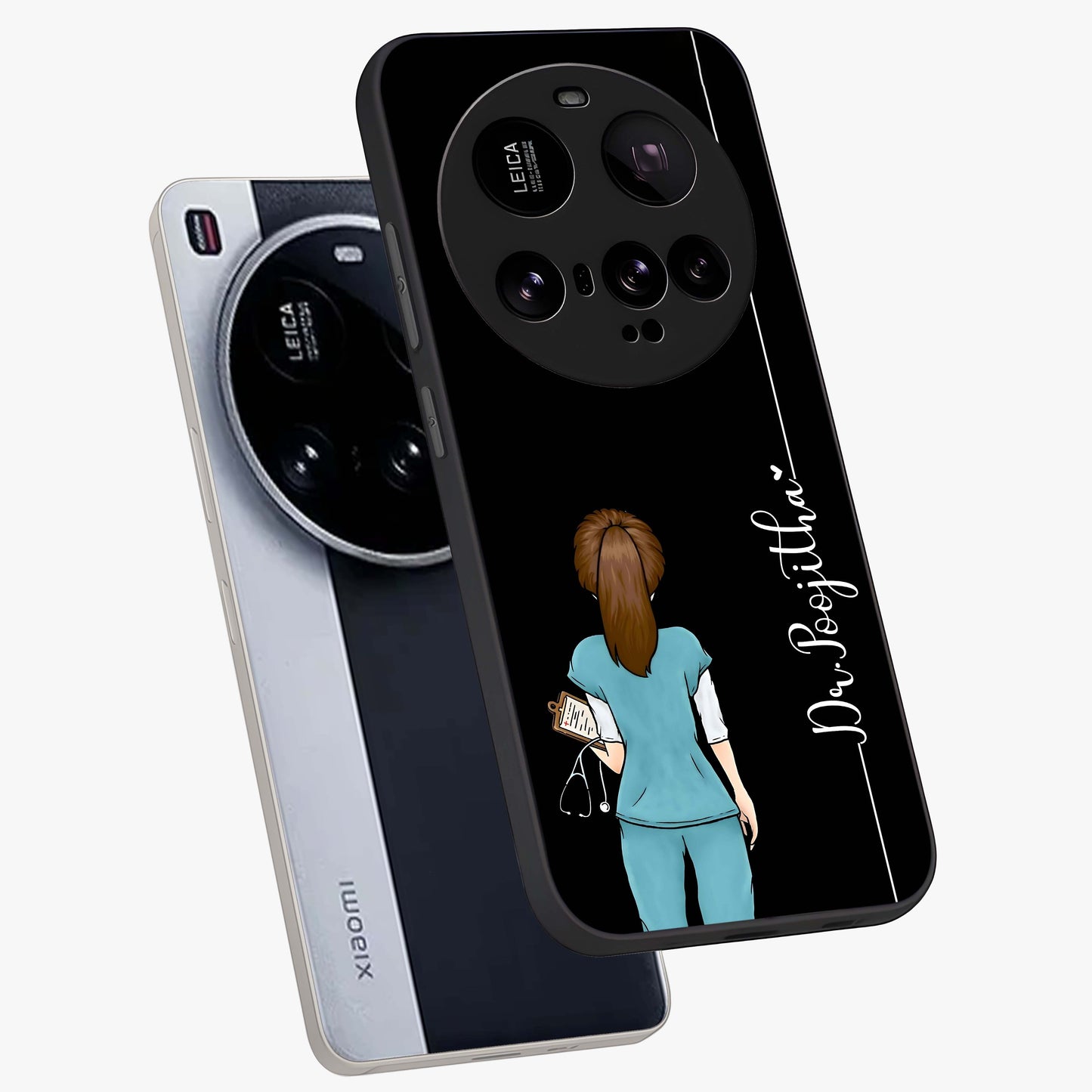 Doctor Pattern Custom Name Glass Case displayed in angled mockup highlighting doctor inspired artwork with custom name feature.