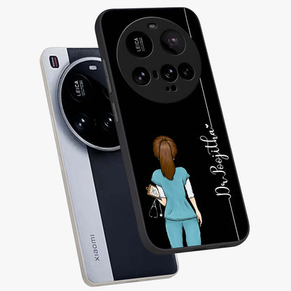Doctor Pattern Custom Name Glass Case displayed in angled mockup highlighting doctor inspired artwork with custom name feature.