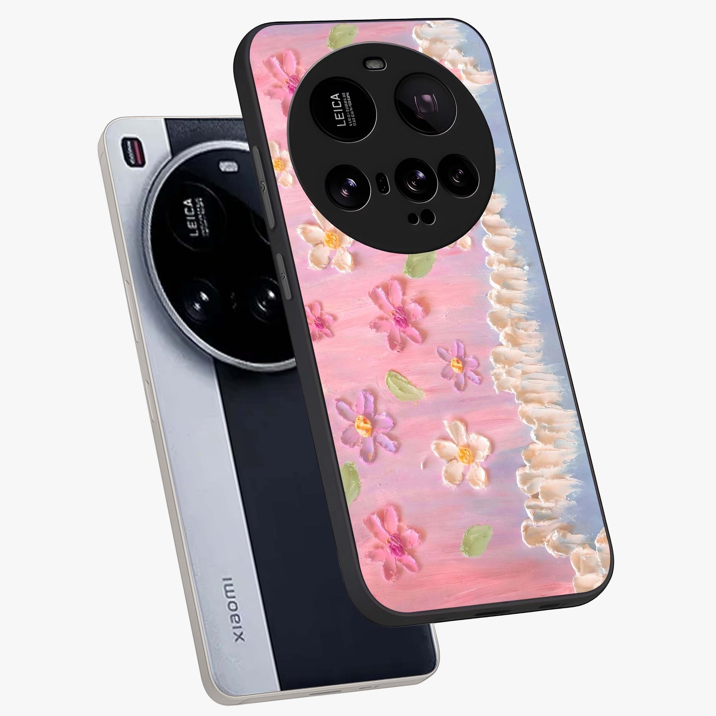 Dreamy Painted Garden Glass Case displayed in angled mockup highlighting colorful garden illustration with dreamy aesthetic style.