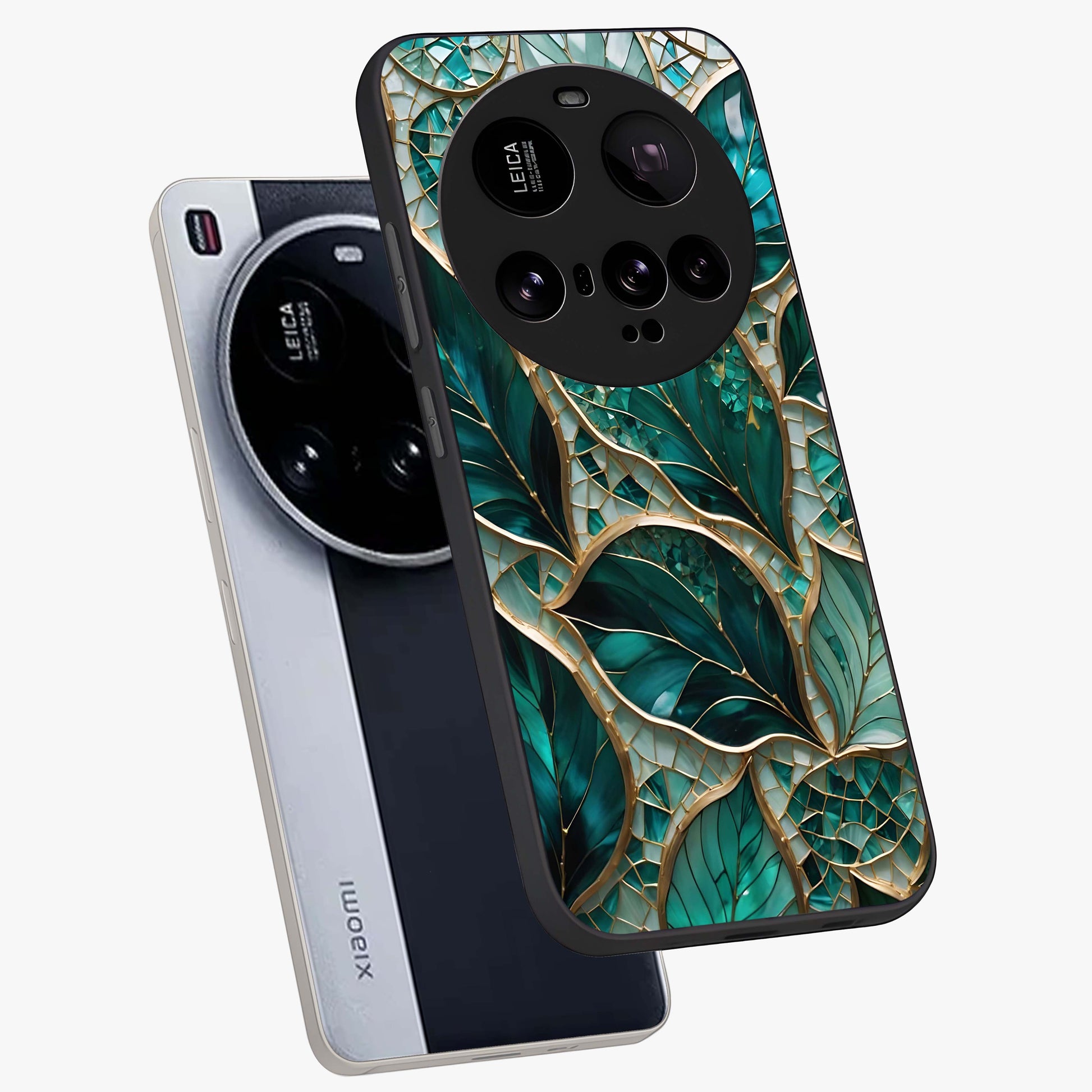 Emerald Leaf Glass Glass Case displayed in angled mockup highlighting botanical leaf illustration with elegant natural aesthetic.