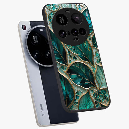Emerald Leaf Glass Glass Case displayed in angled mockup highlighting botanical leaf illustration with elegant natural aesthetic.
