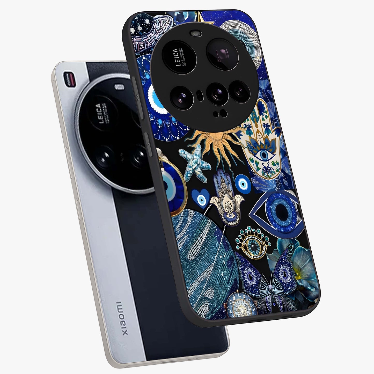 Evil Eye Charm Mix Glass Case displayed in angled mockup highlighting protective evil eye symbols with spiritual aesthetic design.