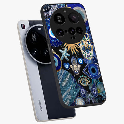 Evil Eye Charm Mix Glass Case displayed in angled mockup highlighting protective evil eye symbols with spiritual aesthetic design.