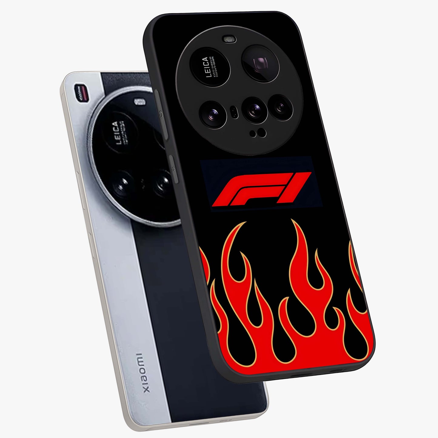 Fire F11 Glass Case displayed in angled mockup highlighting bold fire inspired graphic with energetic aesthetic style.