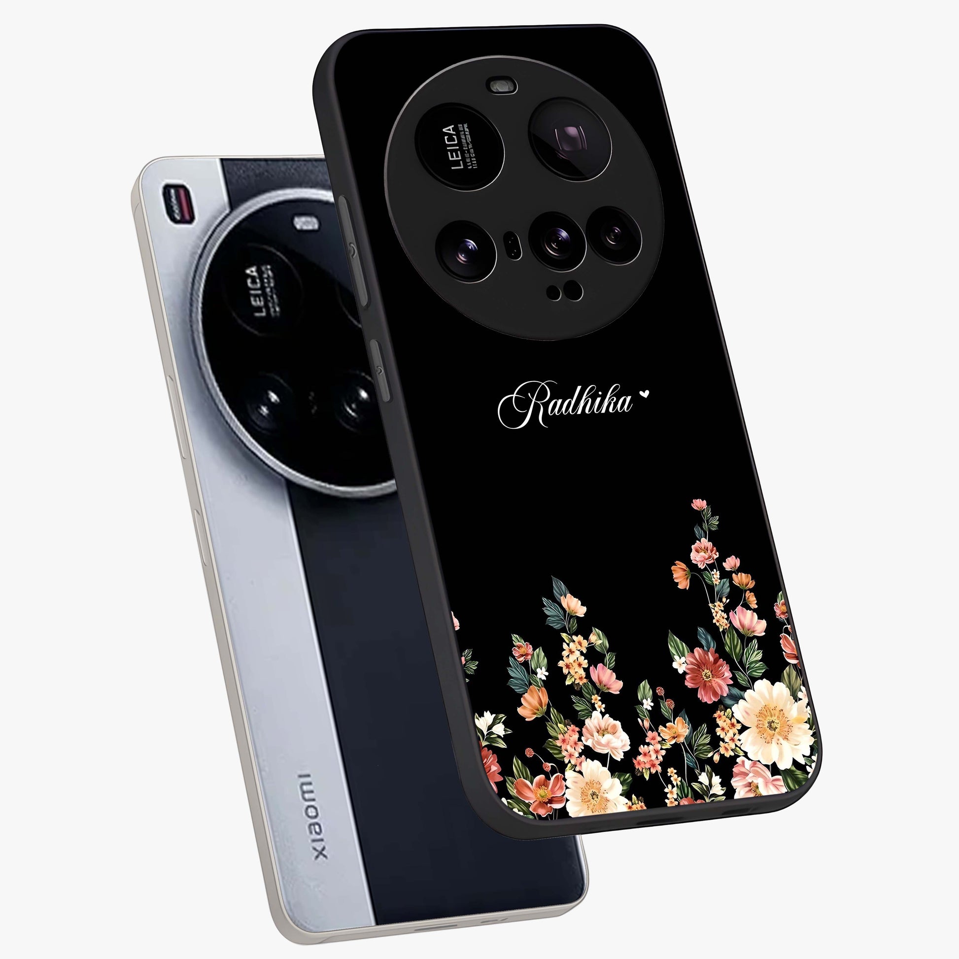 Floral Design With a Custom Personalized Name Glass Case displayed in angled mockup highlighting elegant floral pattern with custom name feature.