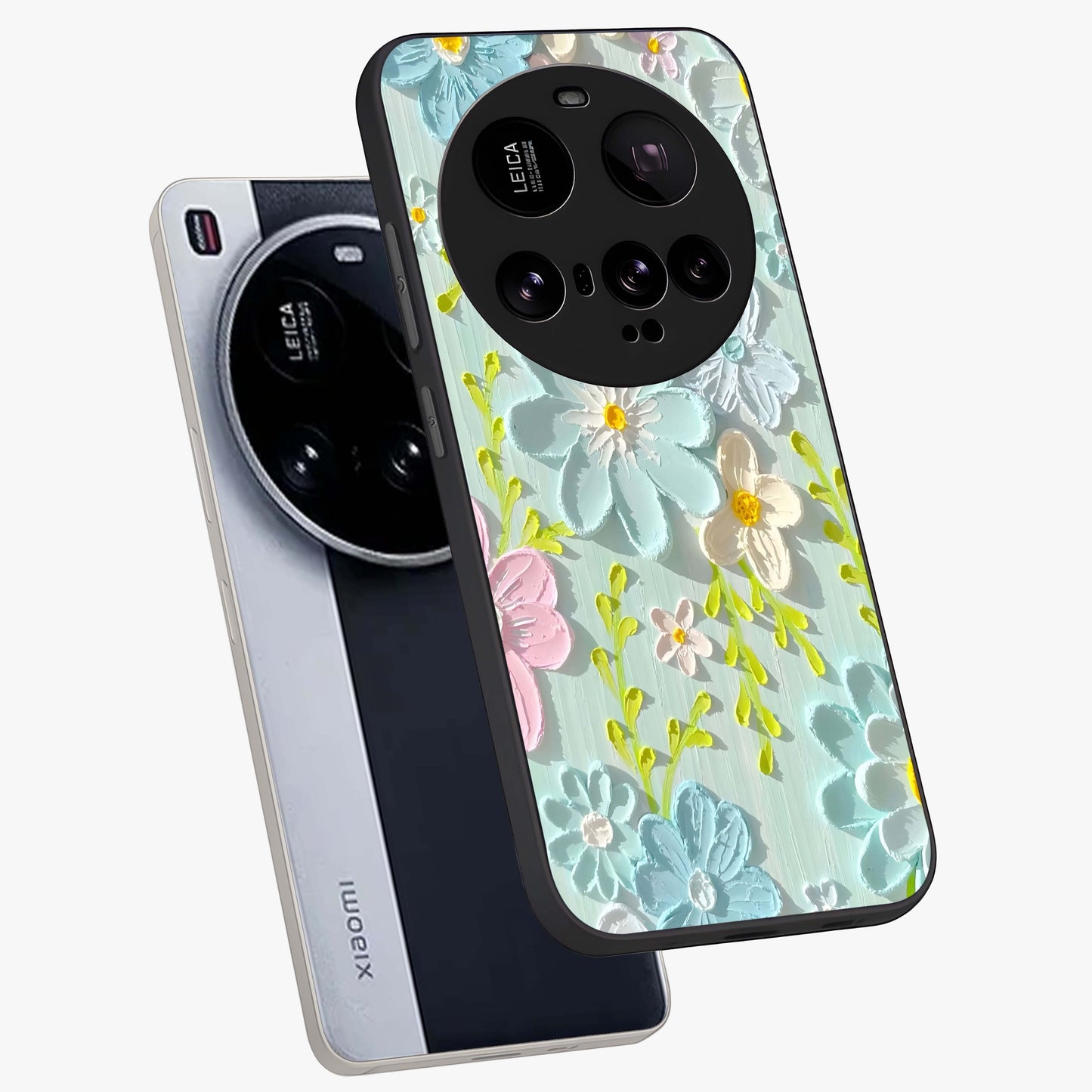 Frosted Petal Garden Glass Case displayed in angled mockup highlighting delicate flower petal design with calm garden aesthetic.