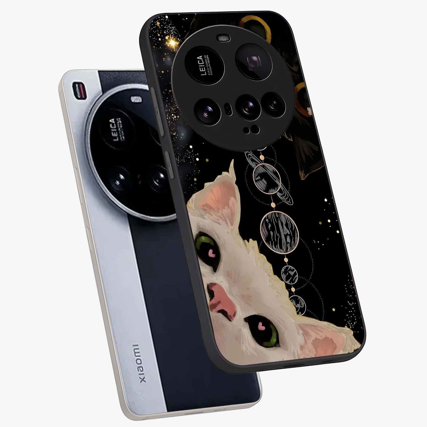 Galactic Cat Glass Case displayed in angled mockup highlighting celestial feline illustration with galaxy aesthetic style.
