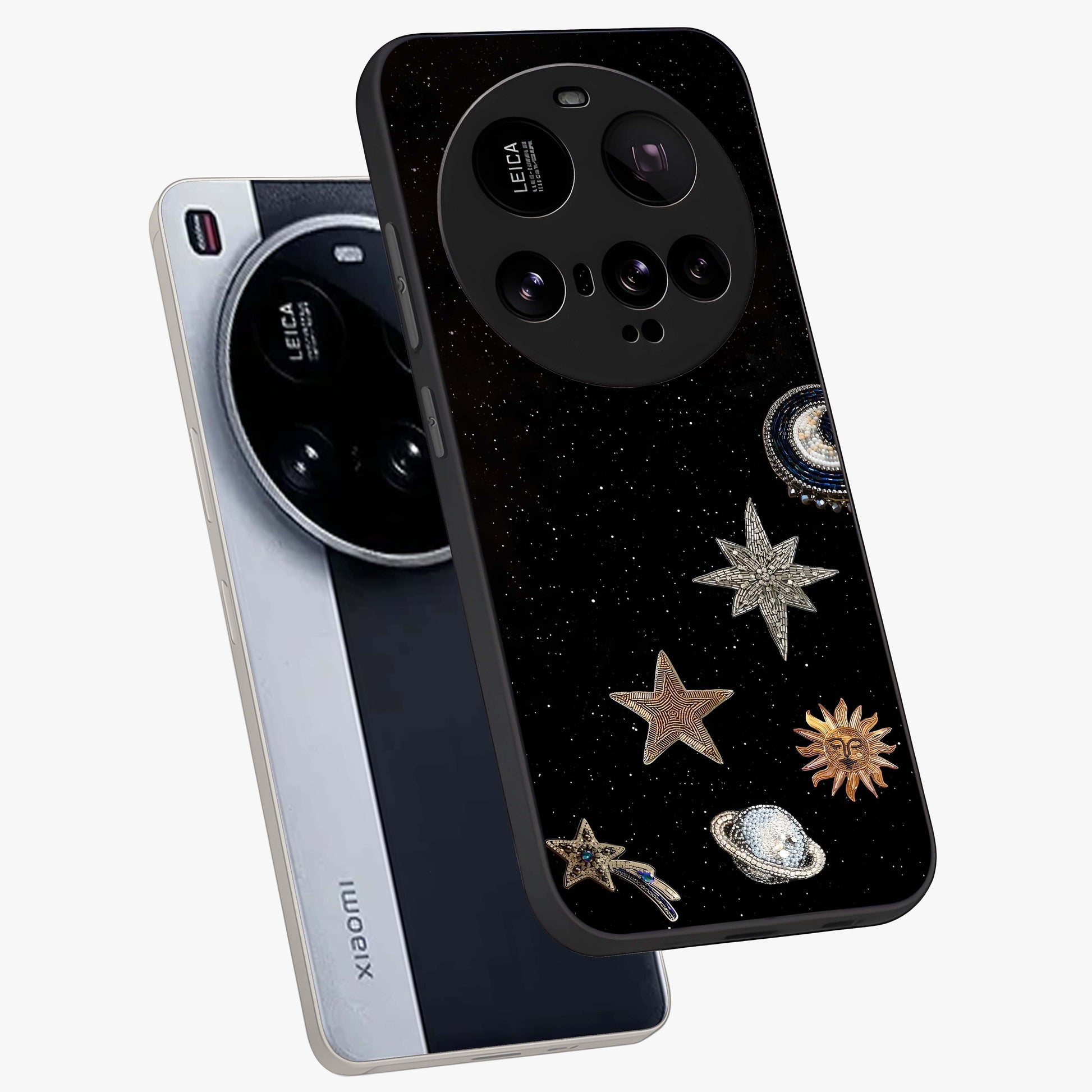 Galactic Charm Glow Glass Case displayed in angled mockup highlighting luminous galaxy inspired design with dreamy aesthetic.