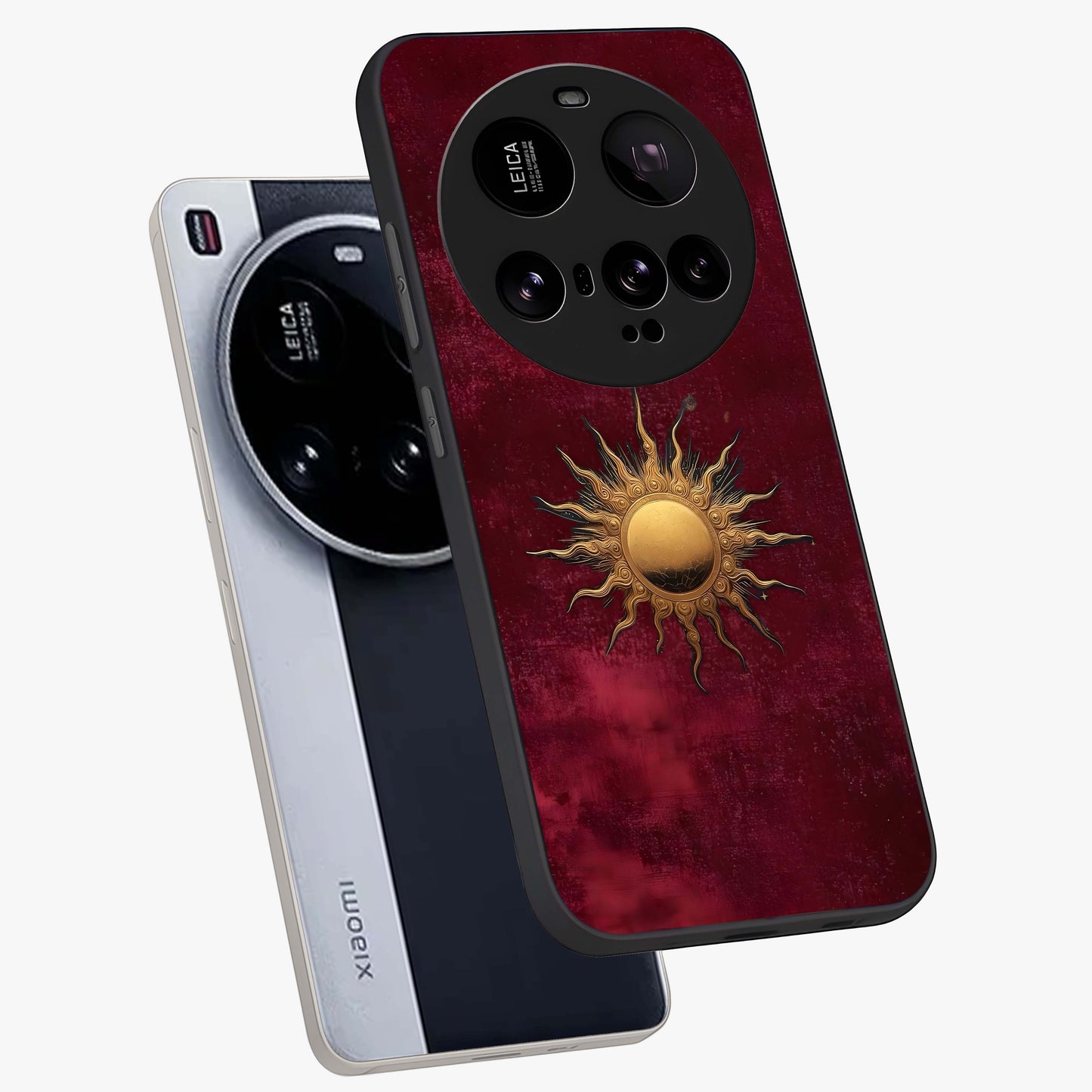 Golden Sun Minimalism Glass Case displayed in angled mockup highlighting clean sun symbol design with modern minimal aesthetic.