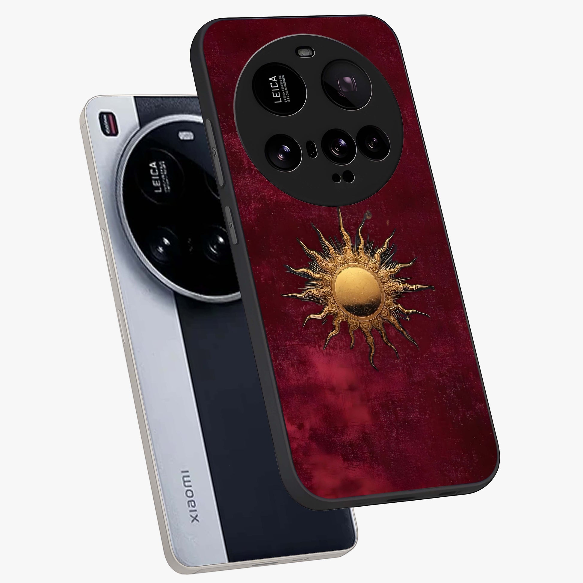 Golden Sun Minimalism Glass Case displayed in angled mockup highlighting clean sun symbol design with modern minimal aesthetic.