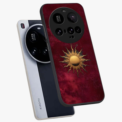 Golden Sun Minimalism Glass Case displayed in angled mockup highlighting clean sun symbol design with modern minimal aesthetic.