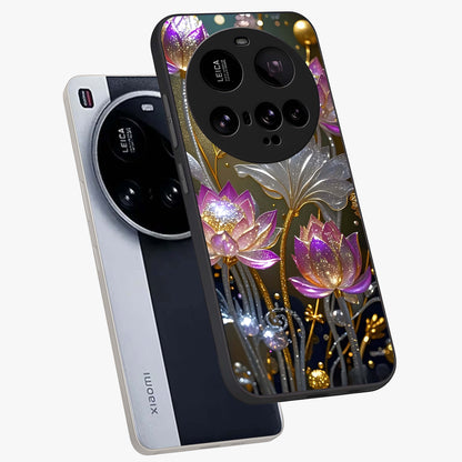 Golden Floral Majesty Glass Case displayed in angled mockup highlighting elegant flower design with royal golden aesthetic.