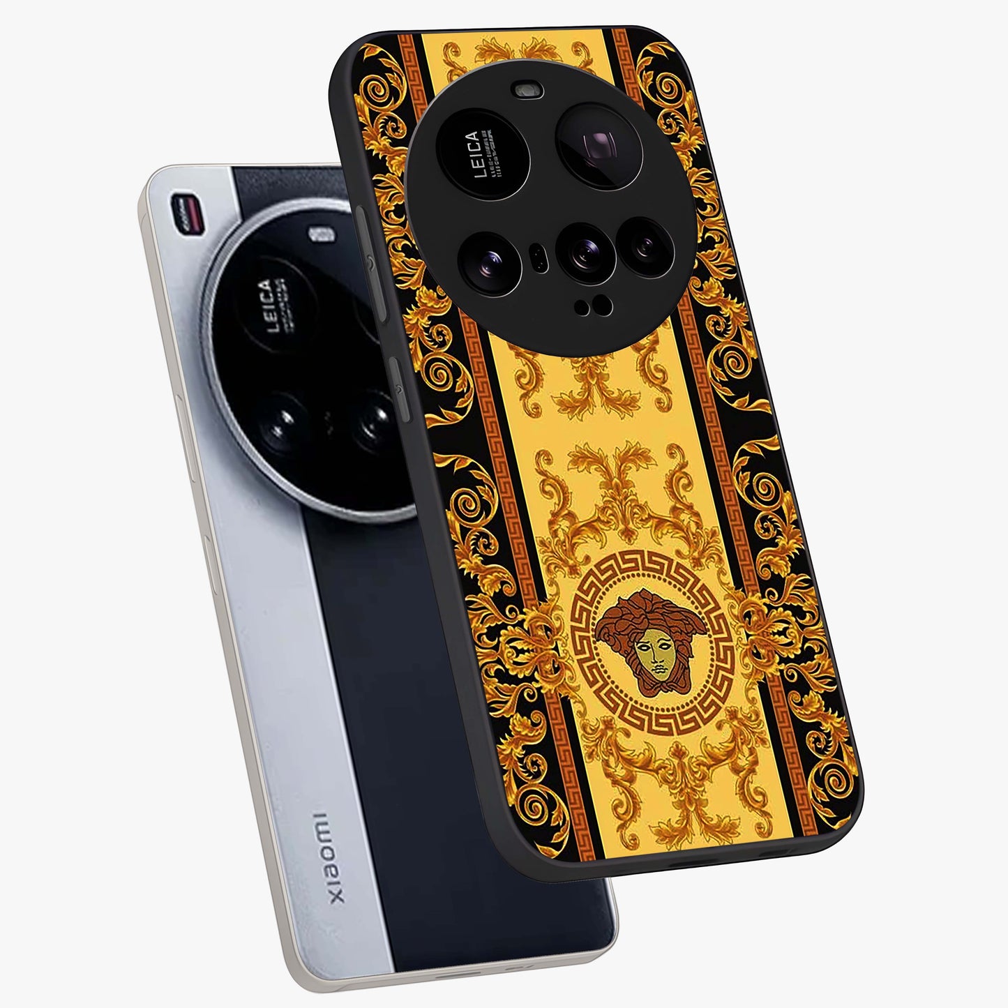 Golden Lotus Glow Glass Case displayed in angled mockup highlighting radiant lotus illustration with spiritual aesthetic.