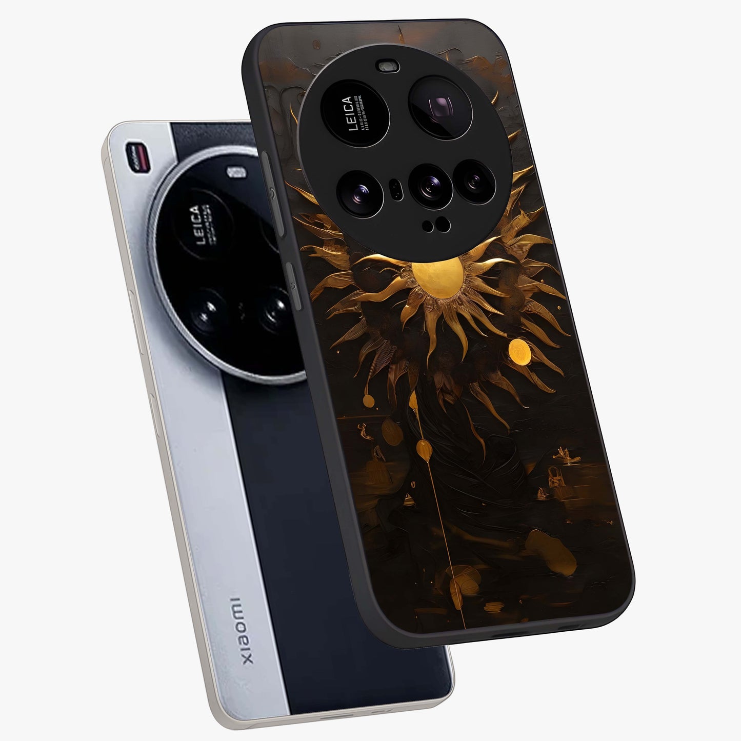 Golden Sun Majesty Glass Case displayed in angled mockup highlighting eerie shadow illustration with gothic aesthetic.