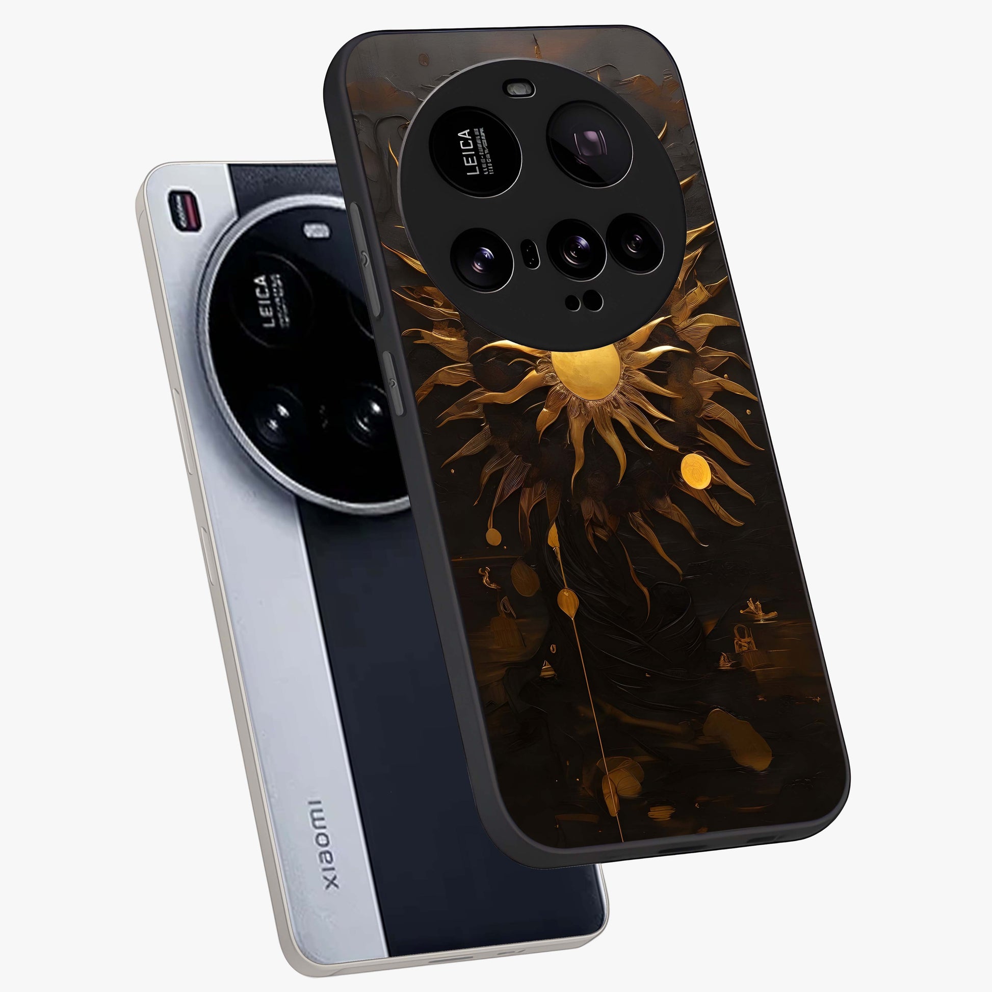 Golden Sun Majesty Glass Case displayed in angled mockup highlighting eerie shadow illustration with gothic aesthetic.