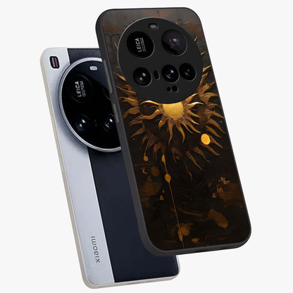 Golden Sun Majesty Glass Case displayed in angled mockup highlighting eerie shadow illustration with gothic aesthetic.