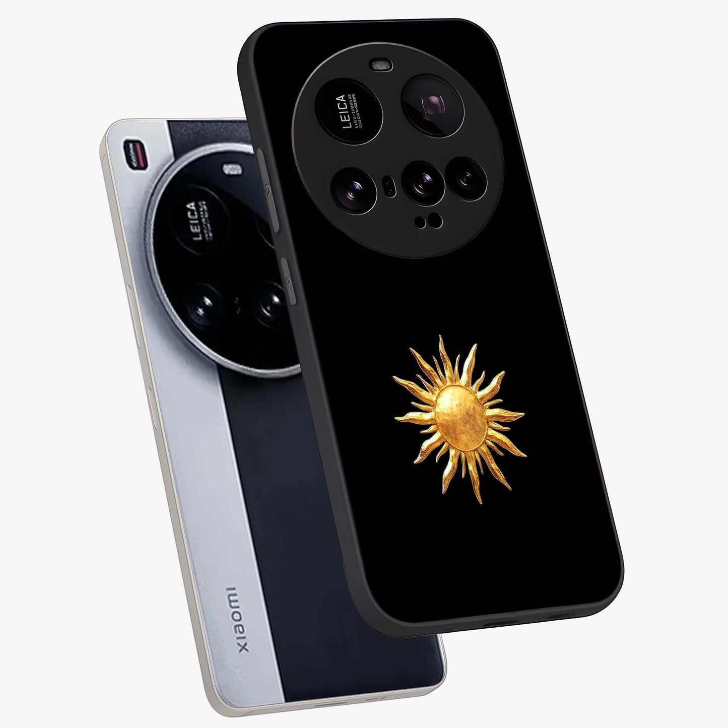 Golden Sun Minimalism Glass Case displayed in angled mockup highlighting eerie shadow illustration with gothic aesthetic.