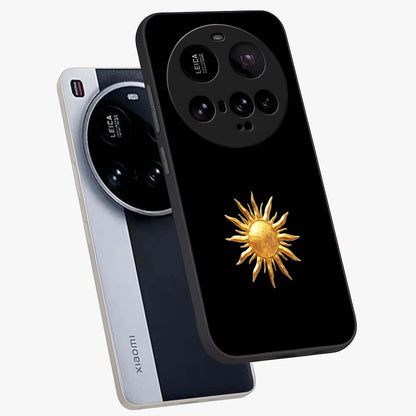 Golden Sun Minimalism Glass Case displayed in angled mockup highlighting eerie shadow illustration with gothic aesthetic.