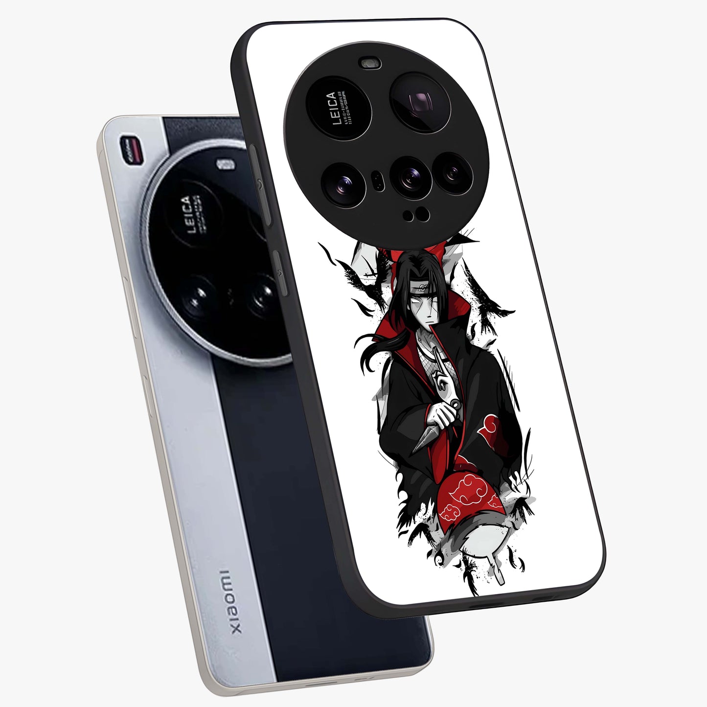 Itachi Limited Edition Naruto Anime Glass Case displayed in angled mockup highlighting dramatic anime illustration with bold action aesthetic.