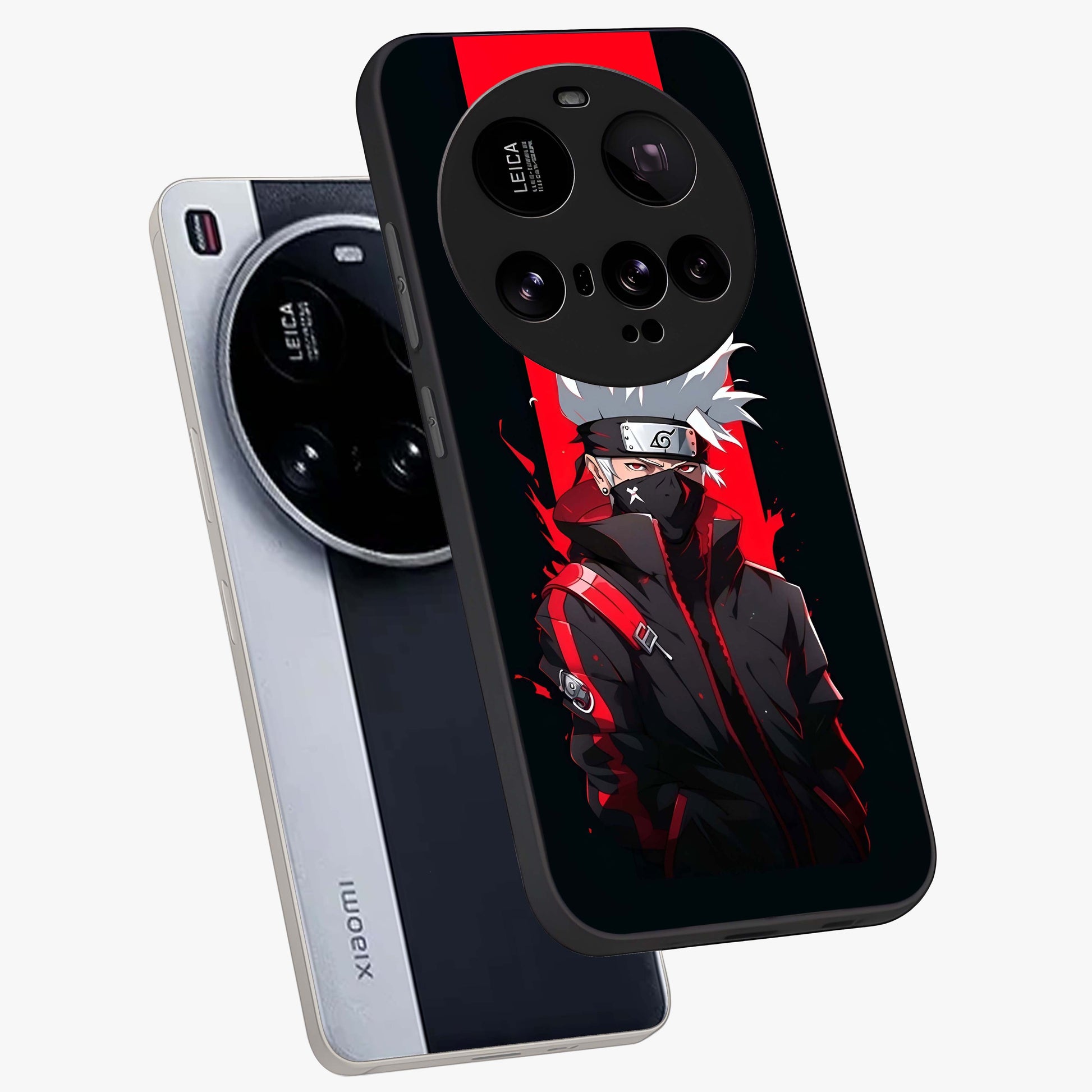 Kakashi Scarlet Shadow Glass Case displayed in angled mockup highlighting dramatic ninja illustration with scarlet themed aesthetic.
