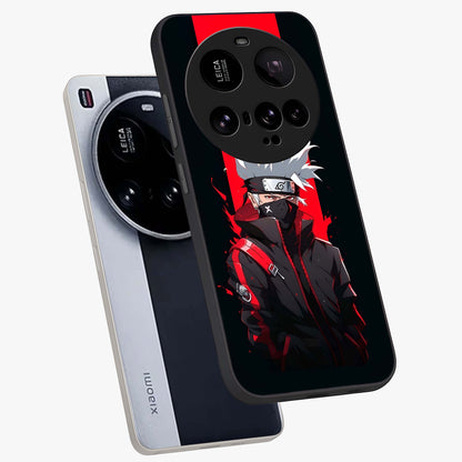 Kakashi Scarlet Shadow Glass Case displayed in angled mockup highlighting dramatic ninja illustration with scarlet themed aesthetic.