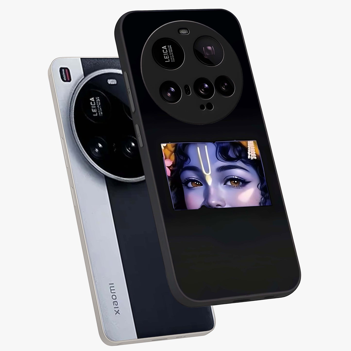 Krishna Divine Embrace Glass Case displayed in angled mockup highlighting divine Krishna illustration with spiritual aesthetic.