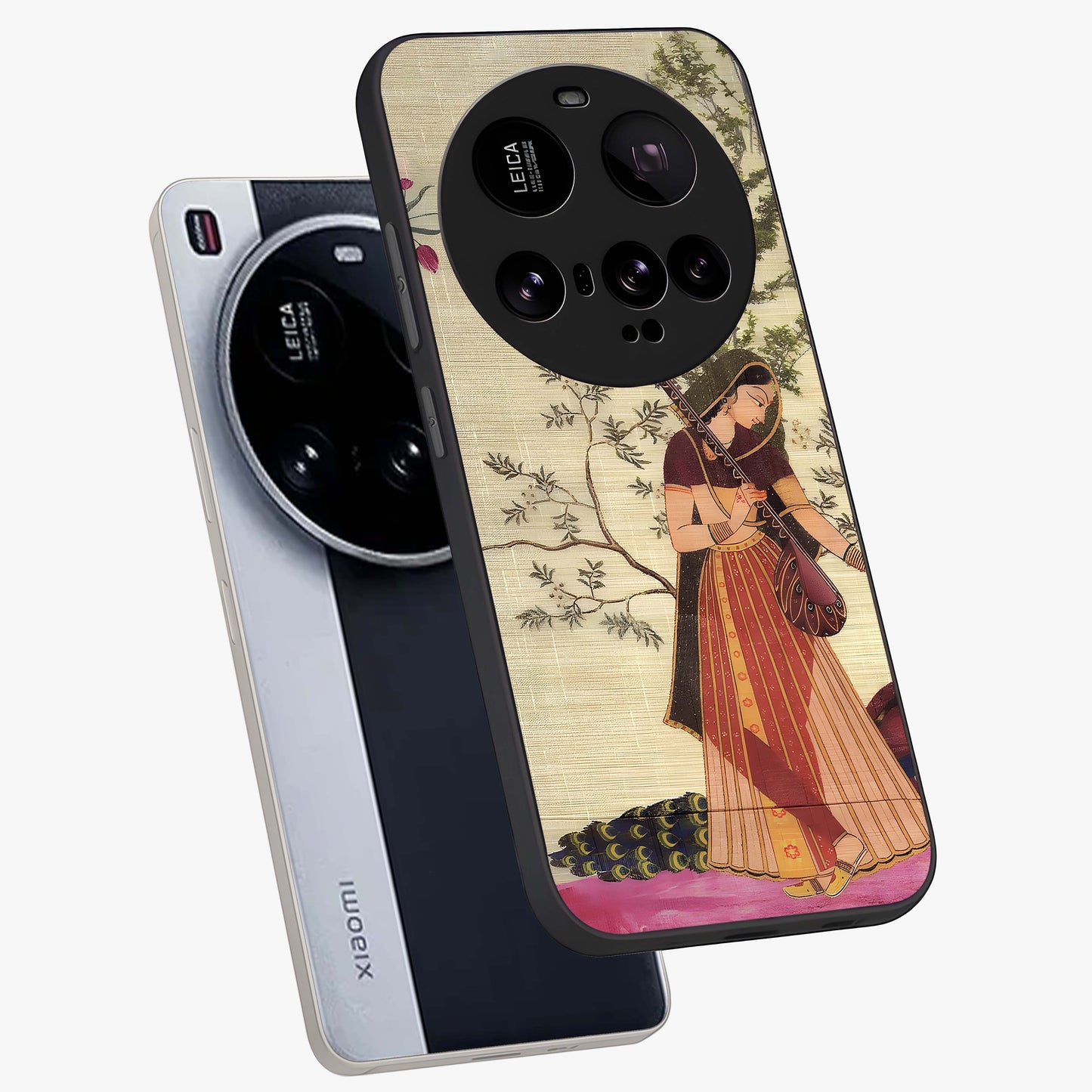 Lady With Veena Art Glass Case displayed in angled mockup highlighting graceful musical illustration with cultural artistic aesthetic.