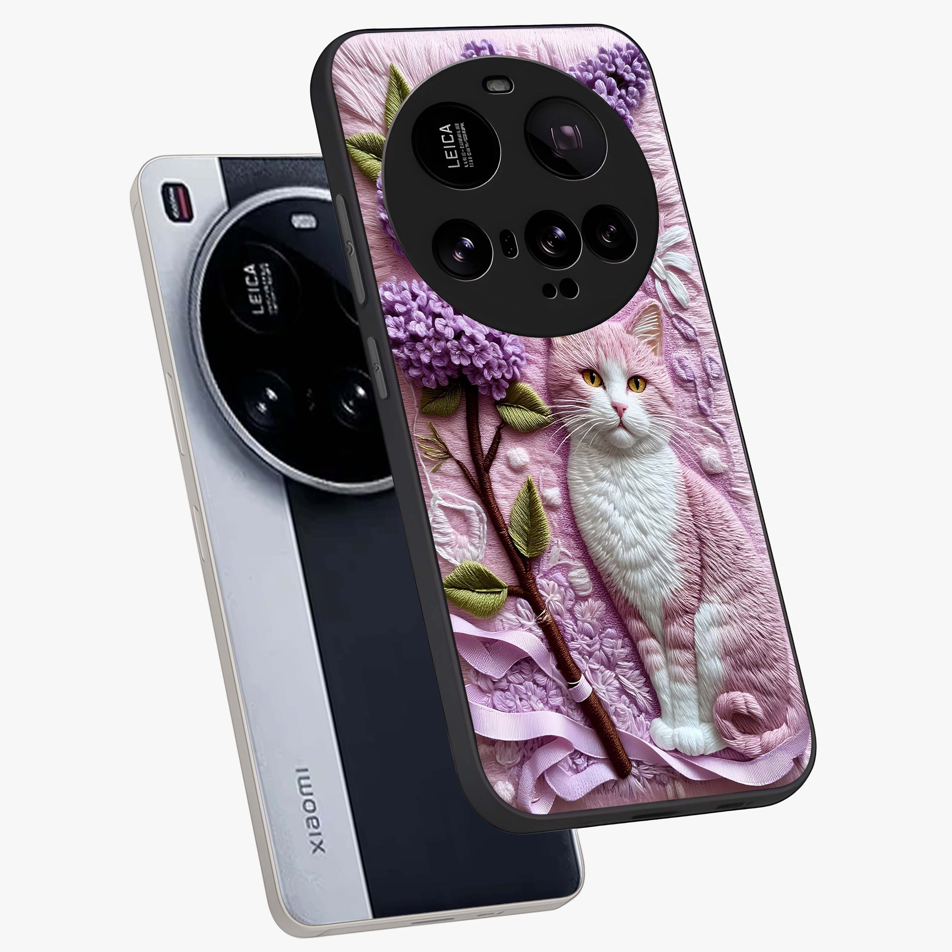 Lavender Cat Whimsy Glass Case displayed in angled mockup highlighting playful feline illustration with pastel lavender aesthetic.