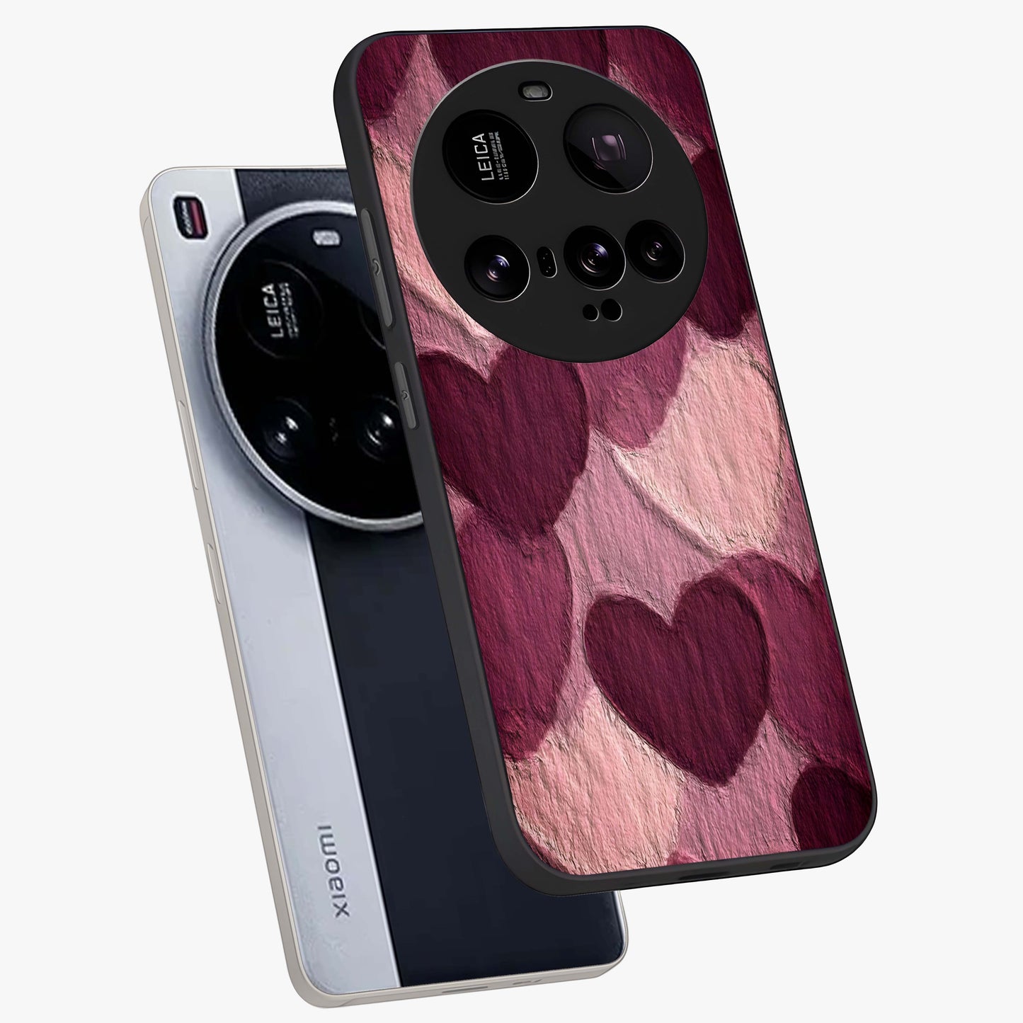 Layered Paper Hearts Glass Case displayed in angled mockup highlighting creative paper craft heart design with romantic aesthetic.