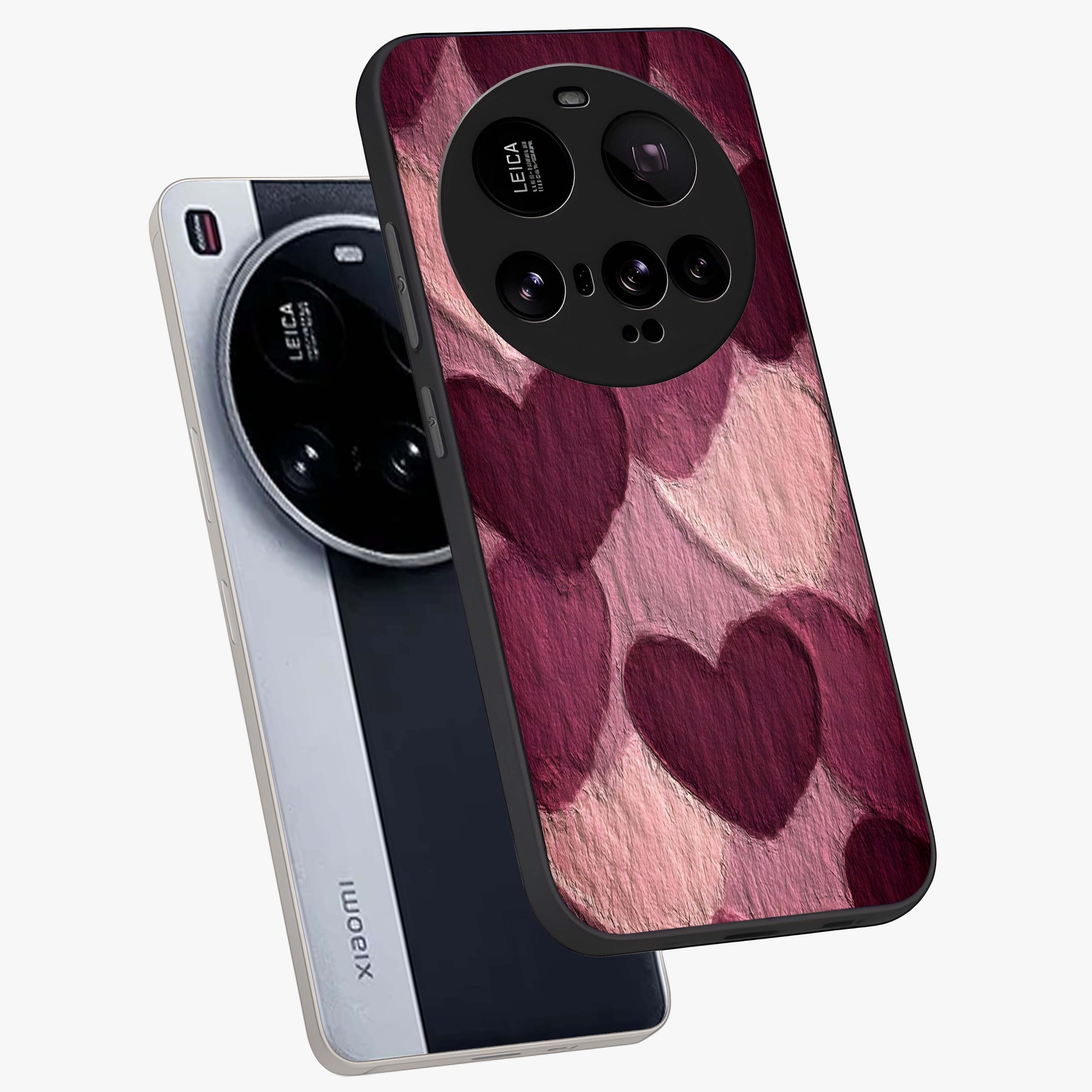Layered Paper Hearts Glass Case displayed in angled mockup highlighting creative paper craft heart design with romantic aesthetic.