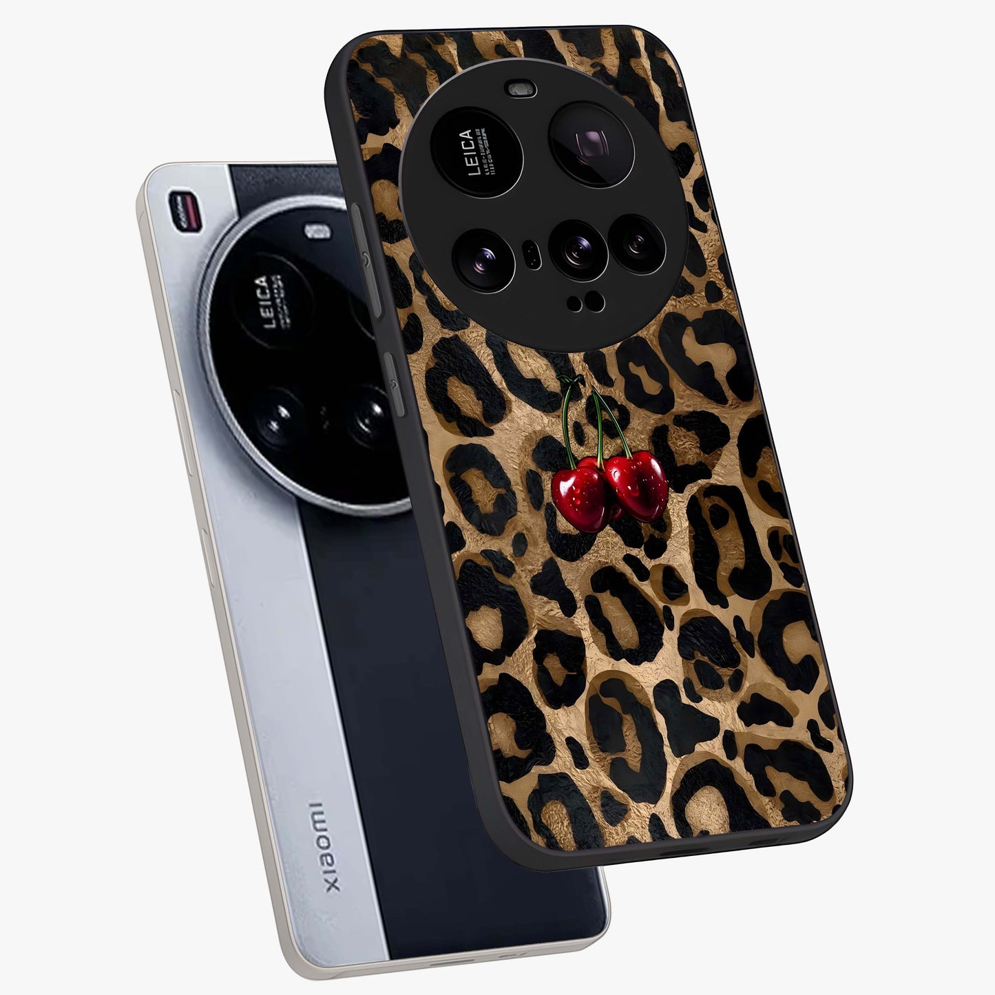 Leopard Wild Cherry Glass Case displayed in angled mockup highlighting bold animal print design with playful cherry aesthetic.