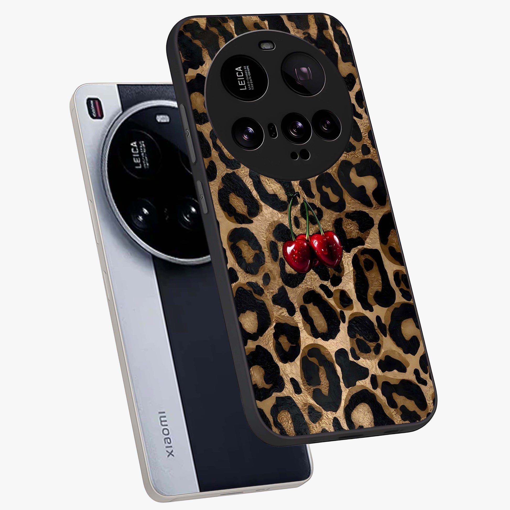 Leopard Wild Cherry Glass Case displayed in angled mockup highlighting bold animal print design with playful cherry aesthetic.