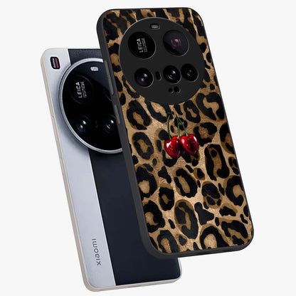Leopard Wild Cherry Glass Case displayed in angled mockup highlighting bold animal print design with playful cherry aesthetic.