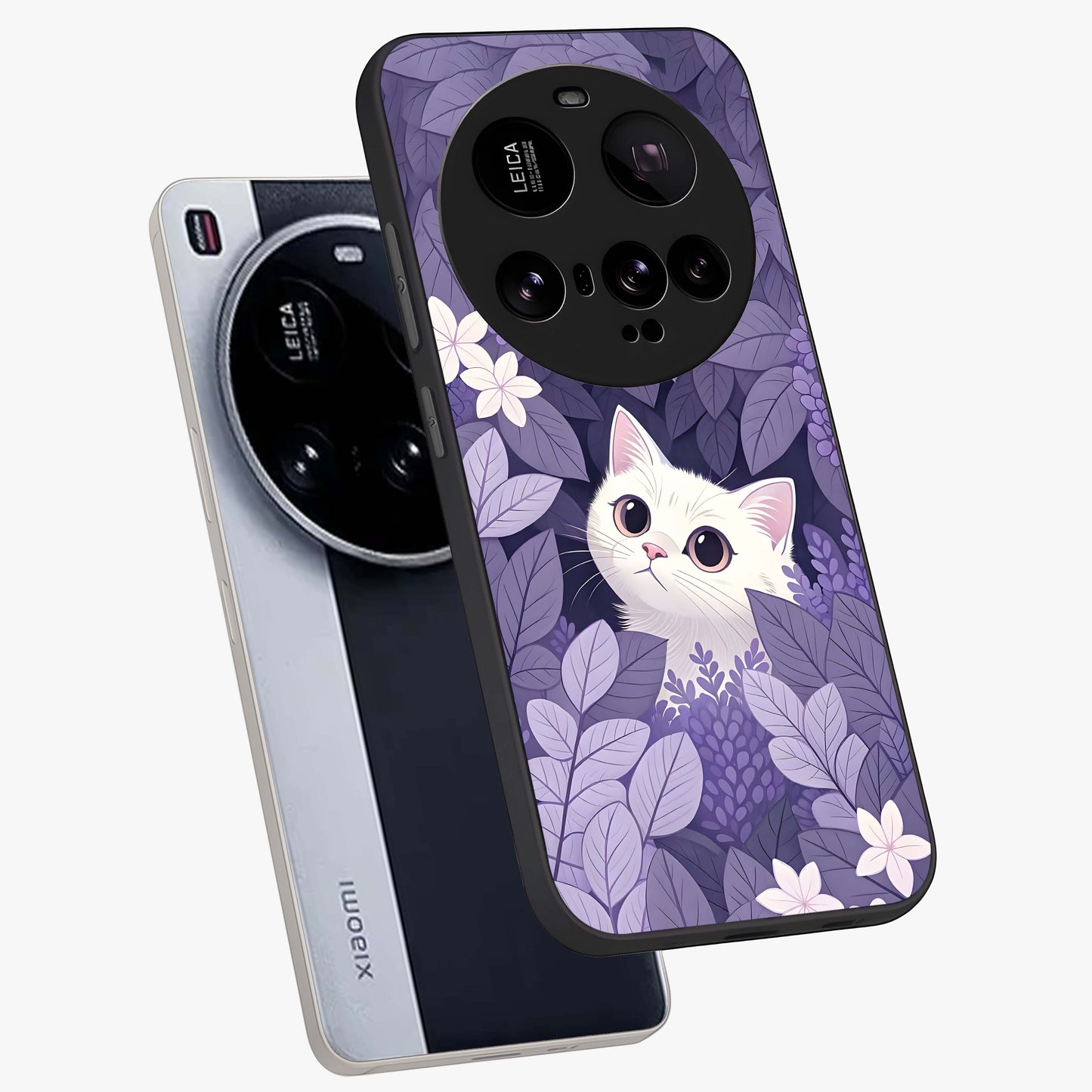 Lilac Hide Peek Cat Glass Case displayed in angled mockup highlighting playful feline illustration with lilac aesthetic design.