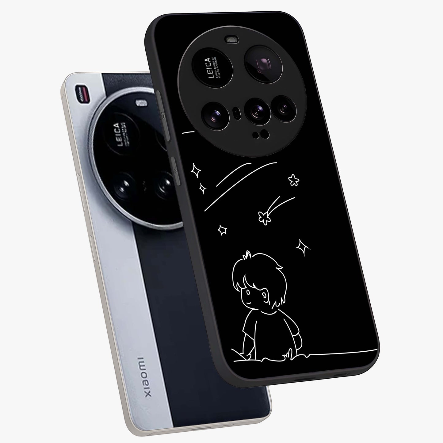 Line Art Boy With Shooting Stars Glass Case displayed in angled mockup highlighting elegant line art design with dreamy star aesthetic.