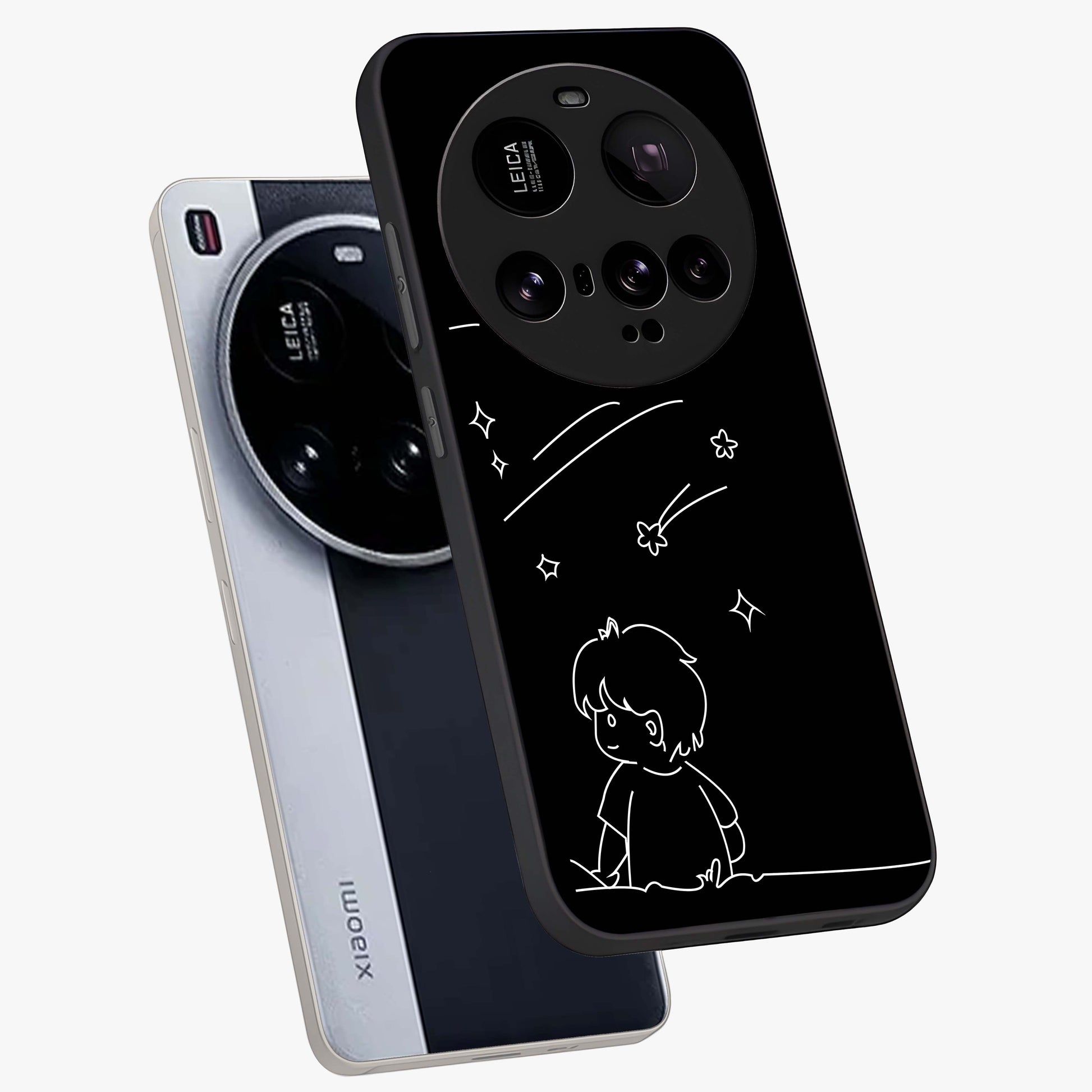 Line Art Boy With Shooting Stars Glass Case displayed in angled mockup highlighting elegant line art design with dreamy star aesthetic.