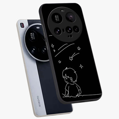 Line Art Boy With Shooting Stars Glass Case displayed in angled mockup highlighting elegant line art design with dreamy star aesthetic.