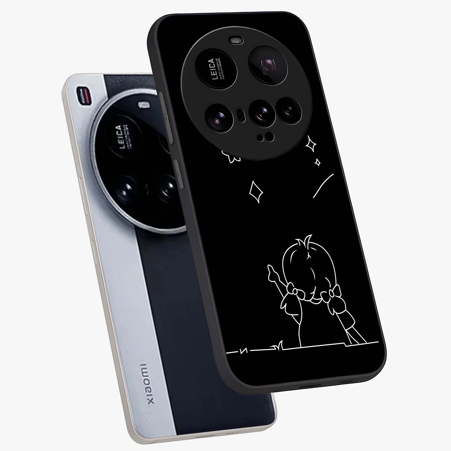 Line Art Girl With Shooting Stars Glass Case displayed in angled mockup highlighting elegant line art design with dreamy star aesthetic.