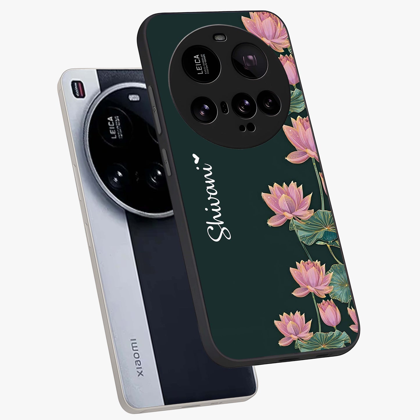 Lotus Bloom Serenity Custom Name Glass Case displayed in angled mockup highlighting graceful lotus illustration with custom name feature.