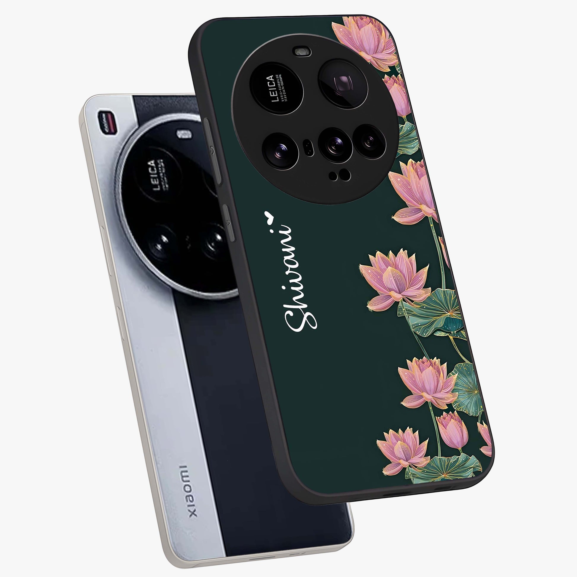 Lotus Bloom Serenity Custom Name Glass Case displayed in angled mockup highlighting graceful lotus illustration with custom name feature.