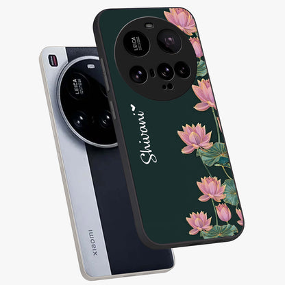 Lotus Bloom Serenity Custom Name Glass Case displayed in angled mockup highlighting graceful lotus illustration with custom name feature.
