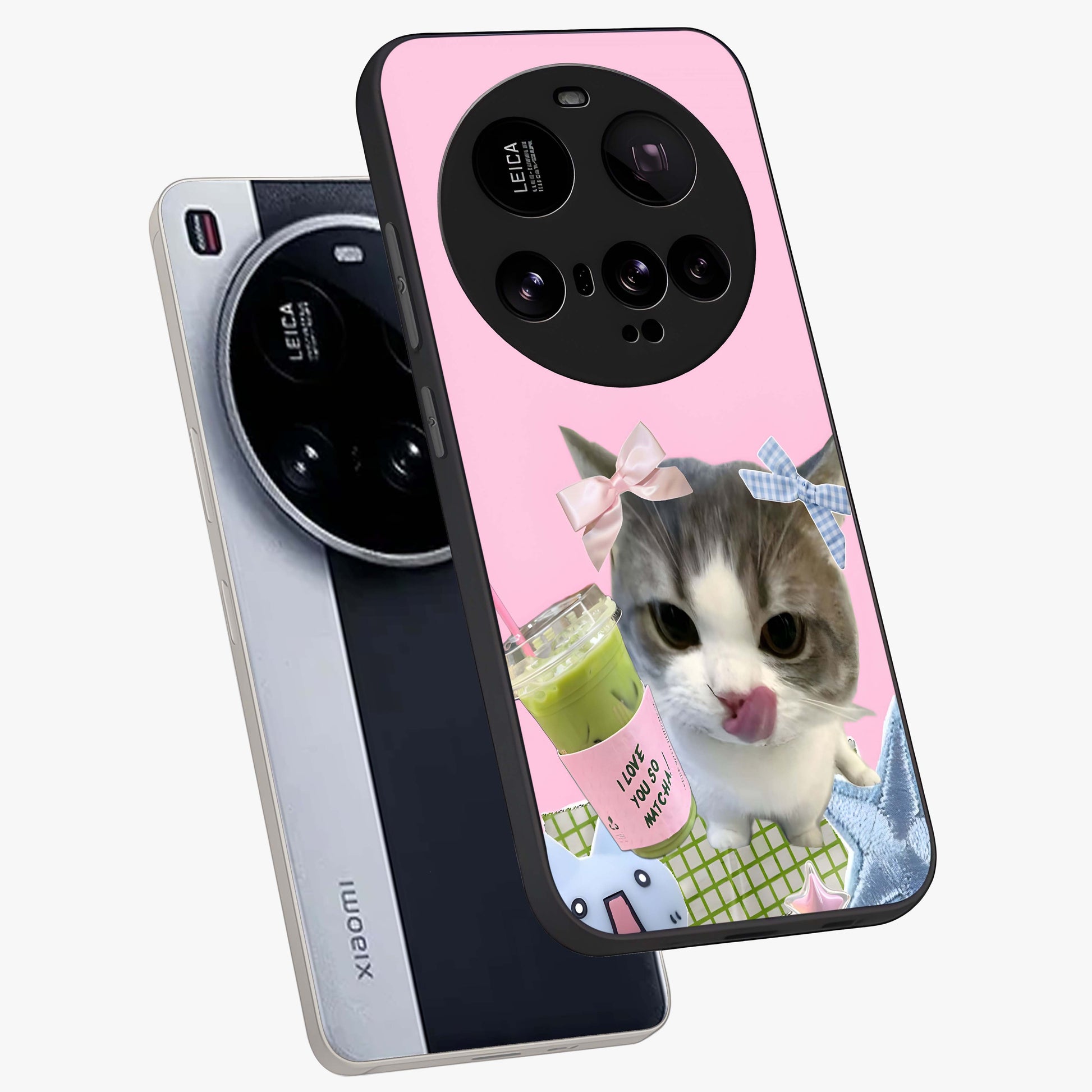 Love Matcha Cat Glass Case displayed in angled mockup highlighting playful feline illustration with cozy matcha aesthetic.