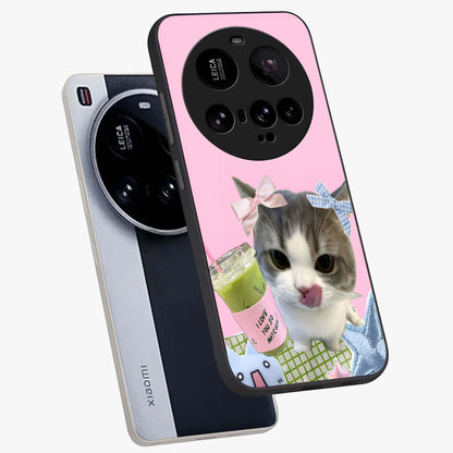 Love Matcha Cat Glass Case displayed in angled mockup highlighting playful feline illustration with cozy matcha aesthetic.