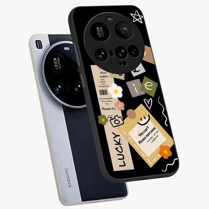 Lucky Aesthetic Collage Glass Case displayed in angled mockup highlighting stylish collage pattern with modern aesthetic vibe.