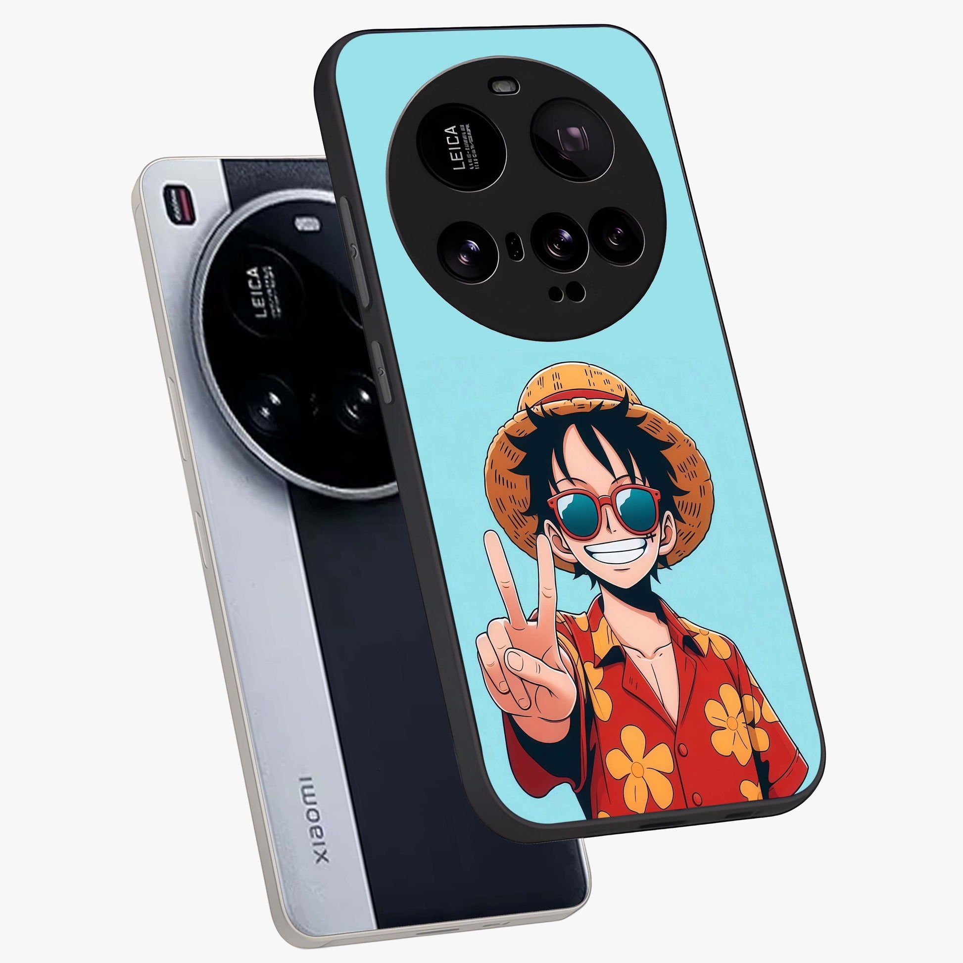 Luffy Summer Anime Vibe Glass Case displayed in angled mockup highlighting energetic anime illustration with summer vibe aesthetic.