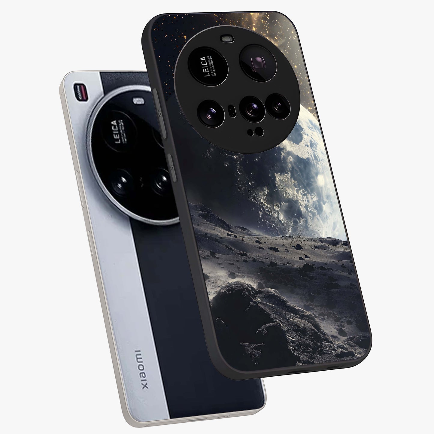 Lunar Horizon Glow Glass Case displayed in angled mockup highlighting celestial moon design with dreamy night aesthetic.
