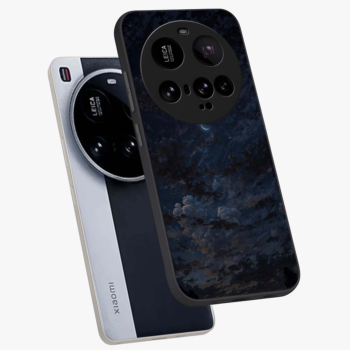Lunar Veil Silence Glass Case displayed in angled mockup highlighting soft lunar design with peaceful celestial aesthetic.
