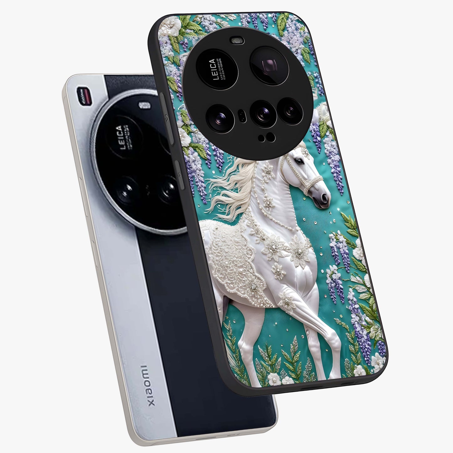 Majestic Floral Stallion Glass Case displayed in angled mockup highlighting majestic stallion illustration with elegant floral aesthetic.