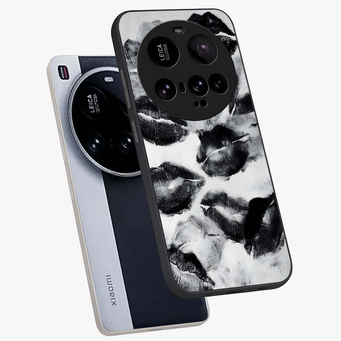 Midnight Kiss Marks Glass Case displayed in angled mockup highlighting playful romantic design with bold midnight aesthetic.